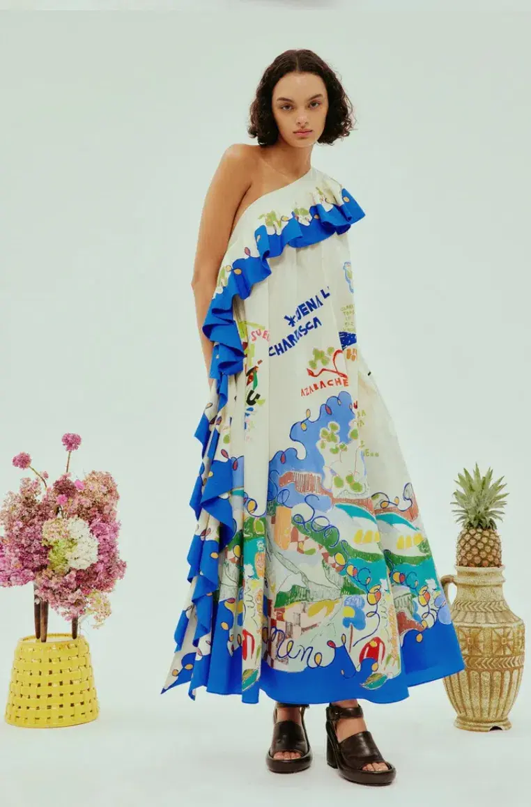 Alemais Nadia One Shoulder Ruffle Dress Blue White Size 12 - Image 2