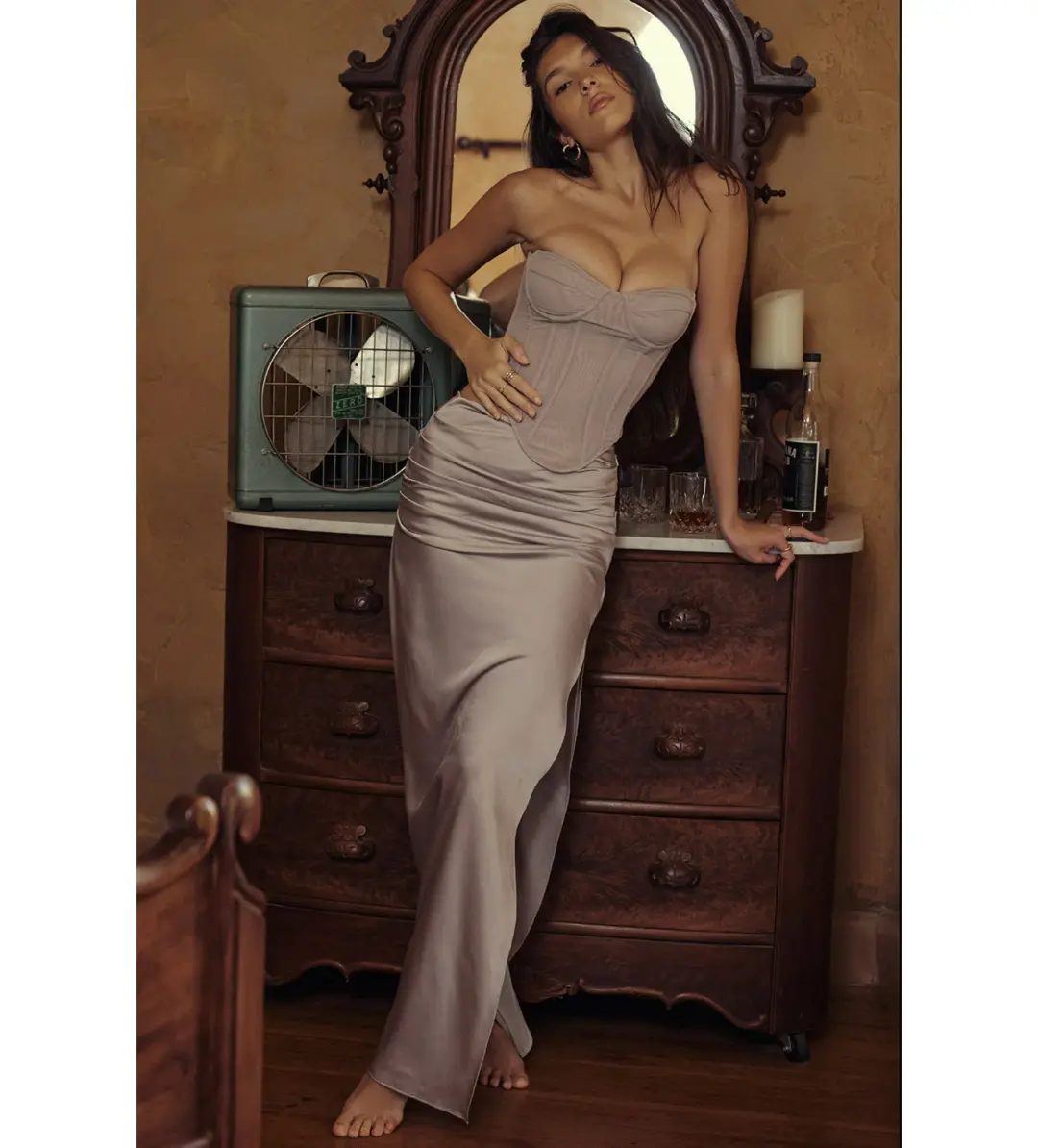 House of CB Half Underwired Corset and Jia Satin Gathered Maxi Skirt in Silver Size XS / AU 6 for rent on The Volte - main image