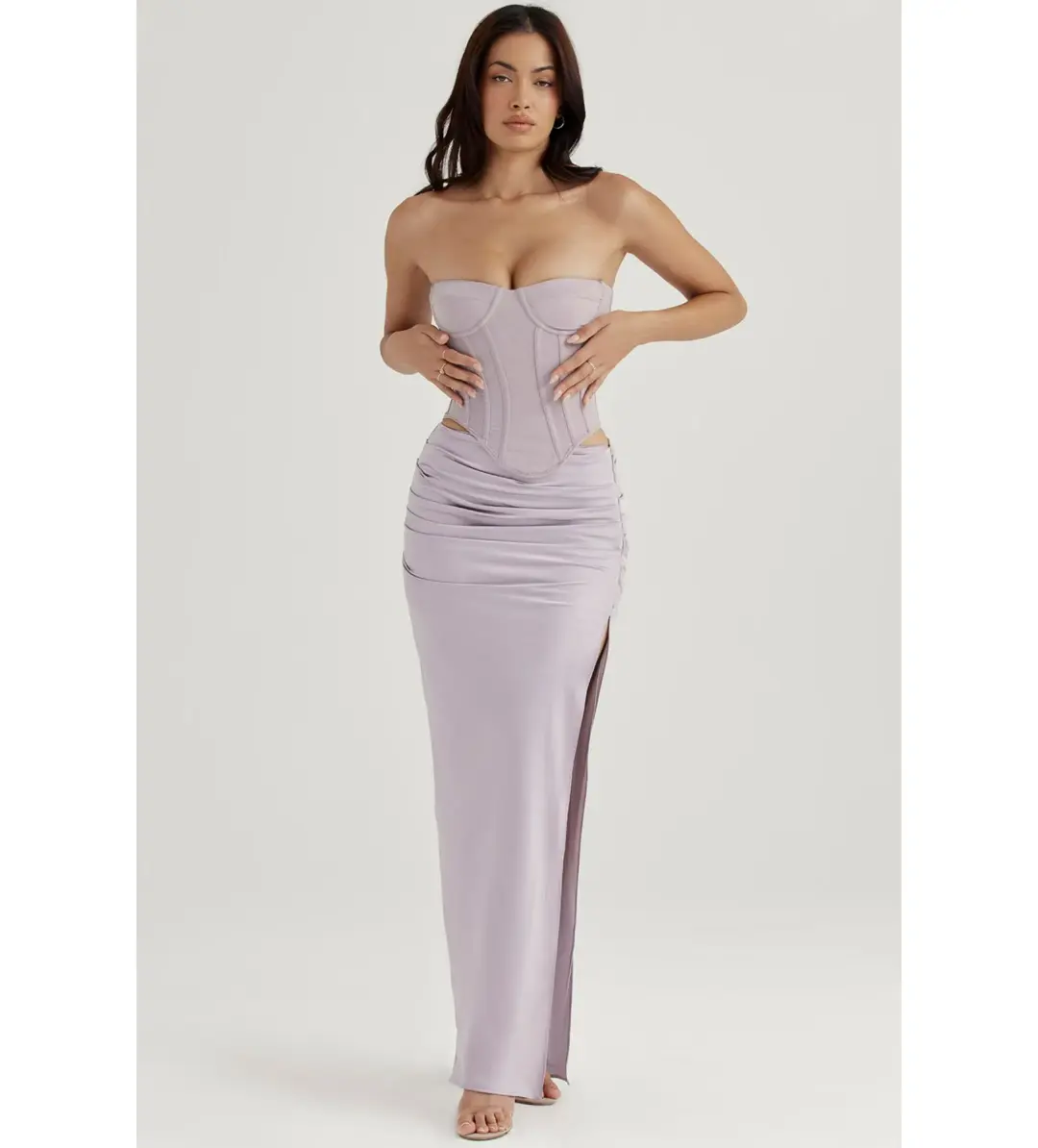 House of CB Half Underwired Corset and Jia Satin Gathered Maxi Skirt in Silver Size XS / AU 6 for rent on The Volte - main image