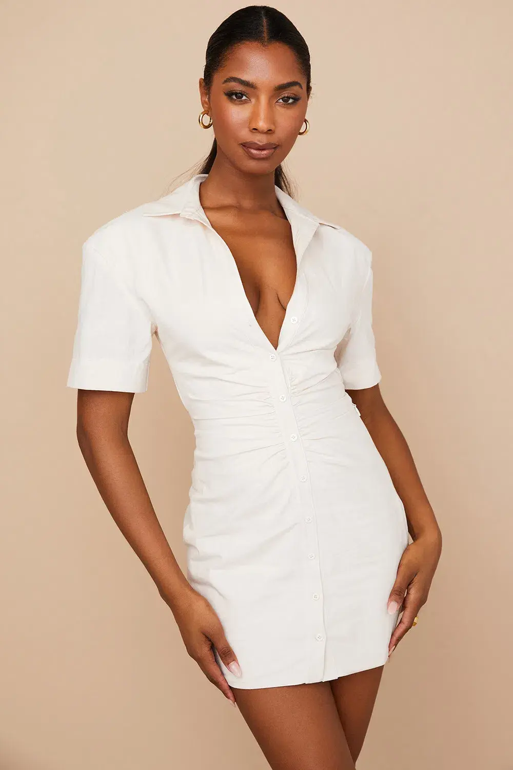 House of CB Luisa Open Back Shirt Mini Dress Beige Size XS / AU 6 - Image 2