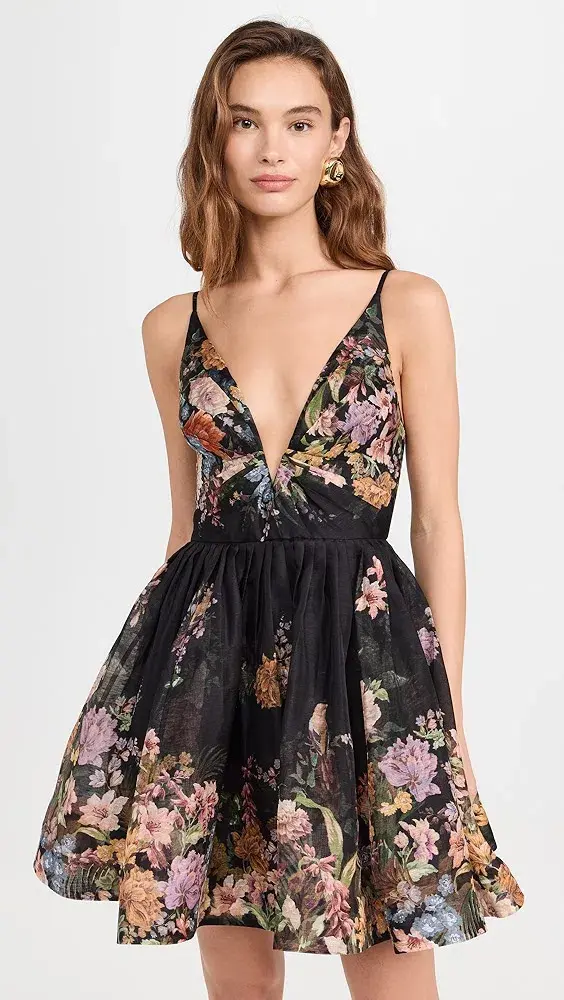 Zimmermann Pavilion V Neck Mini Dress Black Multi Floral Size 1 / AU 10 for rent on The Volte - main image