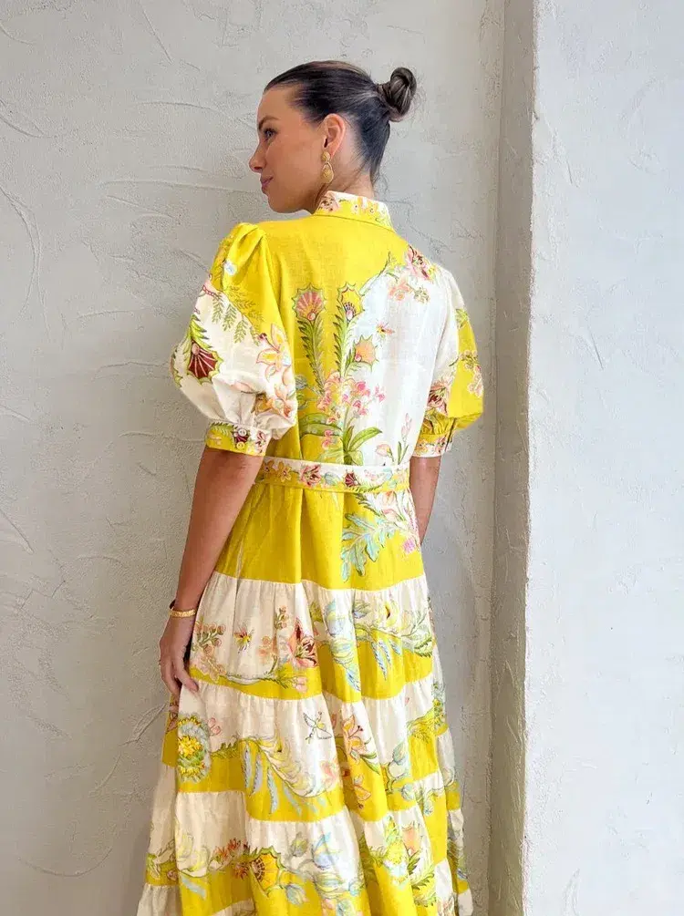 Alemais Ira Tiered Midi Dress Lemon/Cream Size AU 10 - Image 8