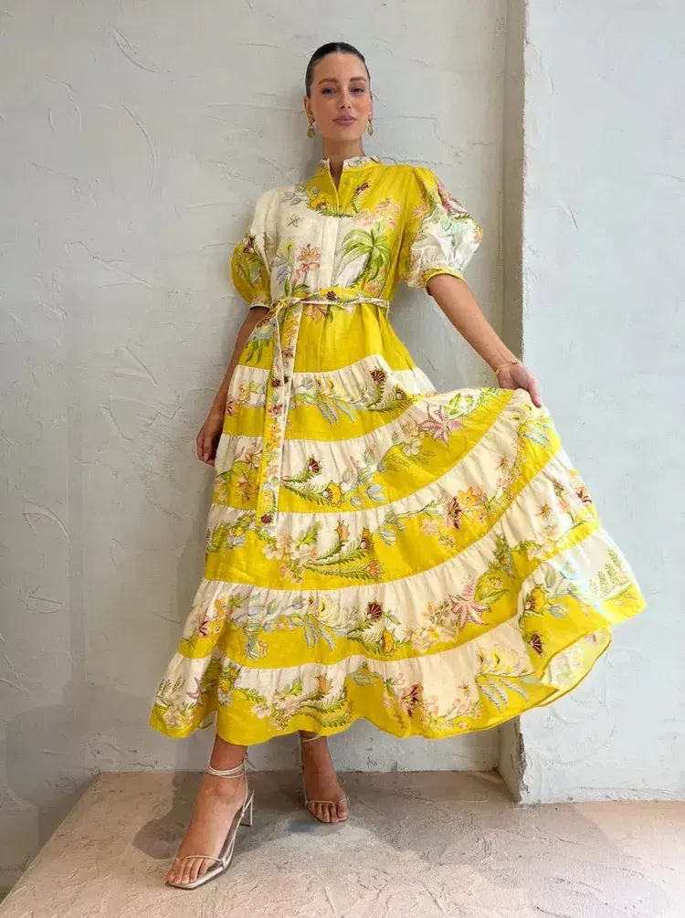 Alemais Ira Tiered Midi Dress Lemon/Cream Size AU 10 - Image 1