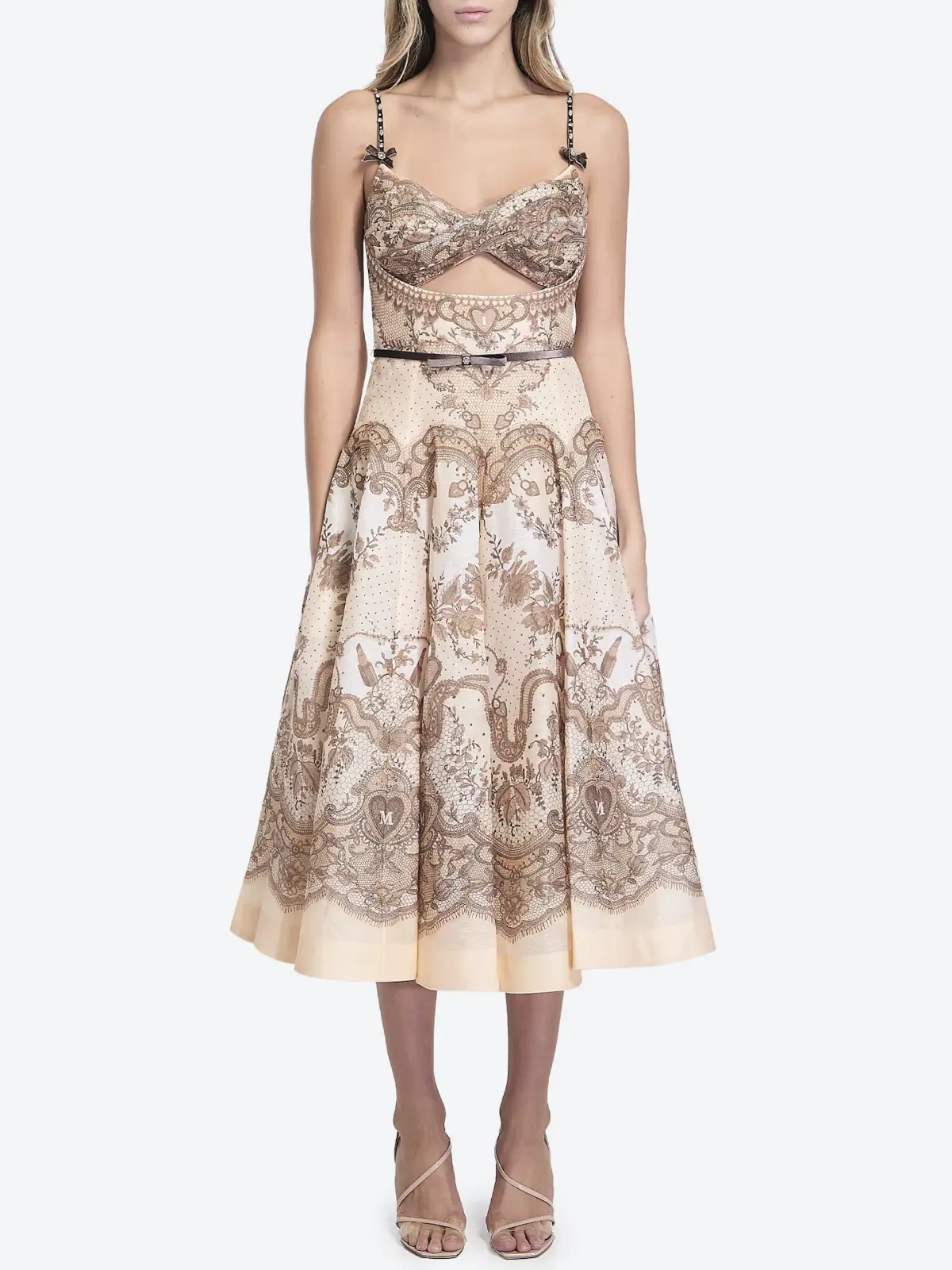Zimmermann Crush Twist Front Midi Dress Peach Lace Print Size 0 / AU 8 - Image 1