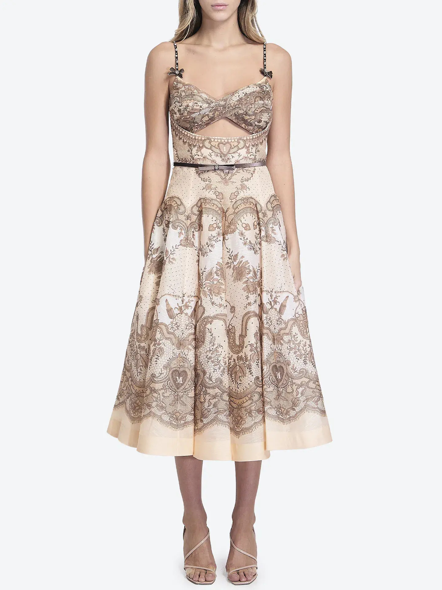 Zimmermann Crush Twist Front Midi Dress Peach Lace Print Size 0 / AU 8 - Image 1
