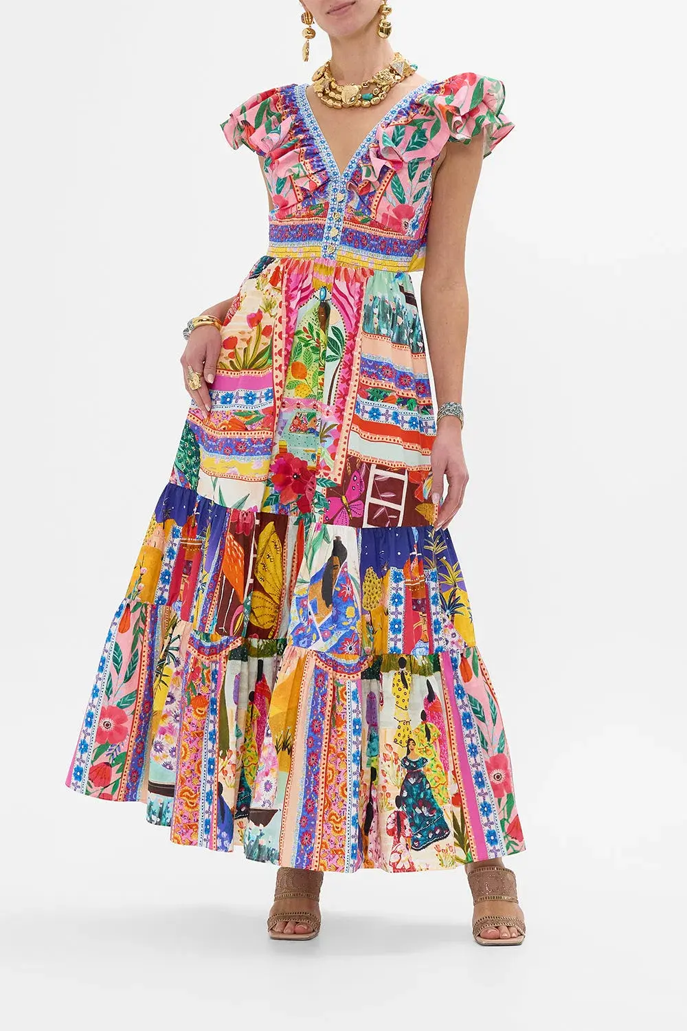 Camilla Roeqiya's Realm Tiered Maxi Dress With Neck Frill Print Size M / AU 12  - Image 1