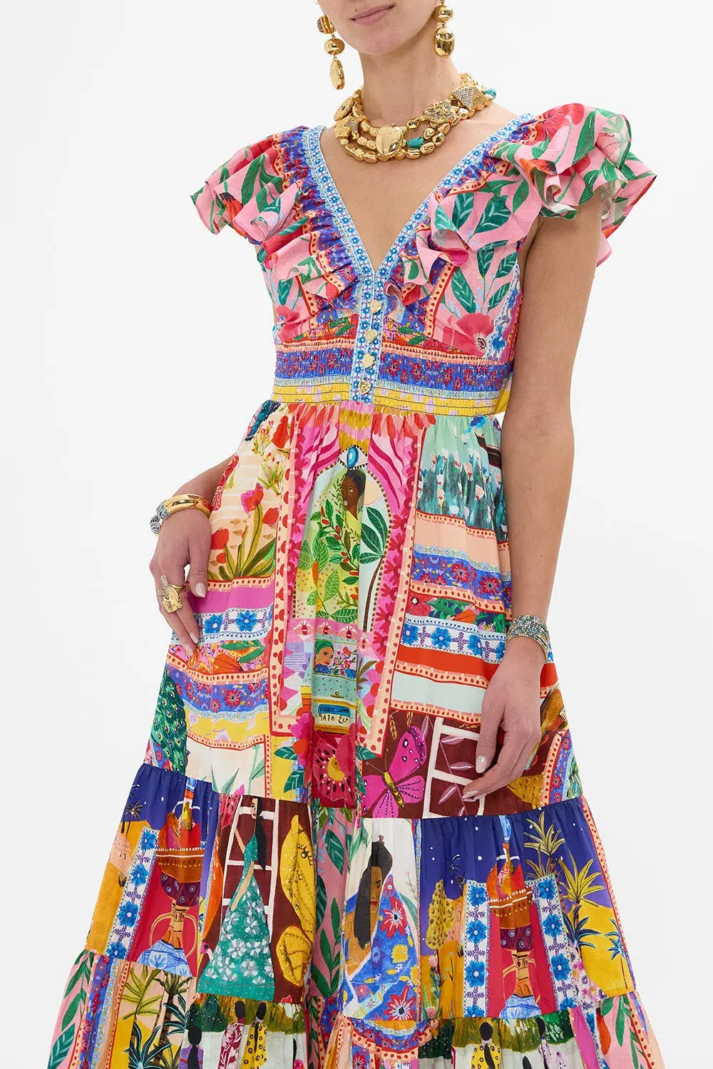 Camilla Roeqiya's Realm Tiered Maxi Dress With Neck Frill Print Size M / AU 12  - Image 2