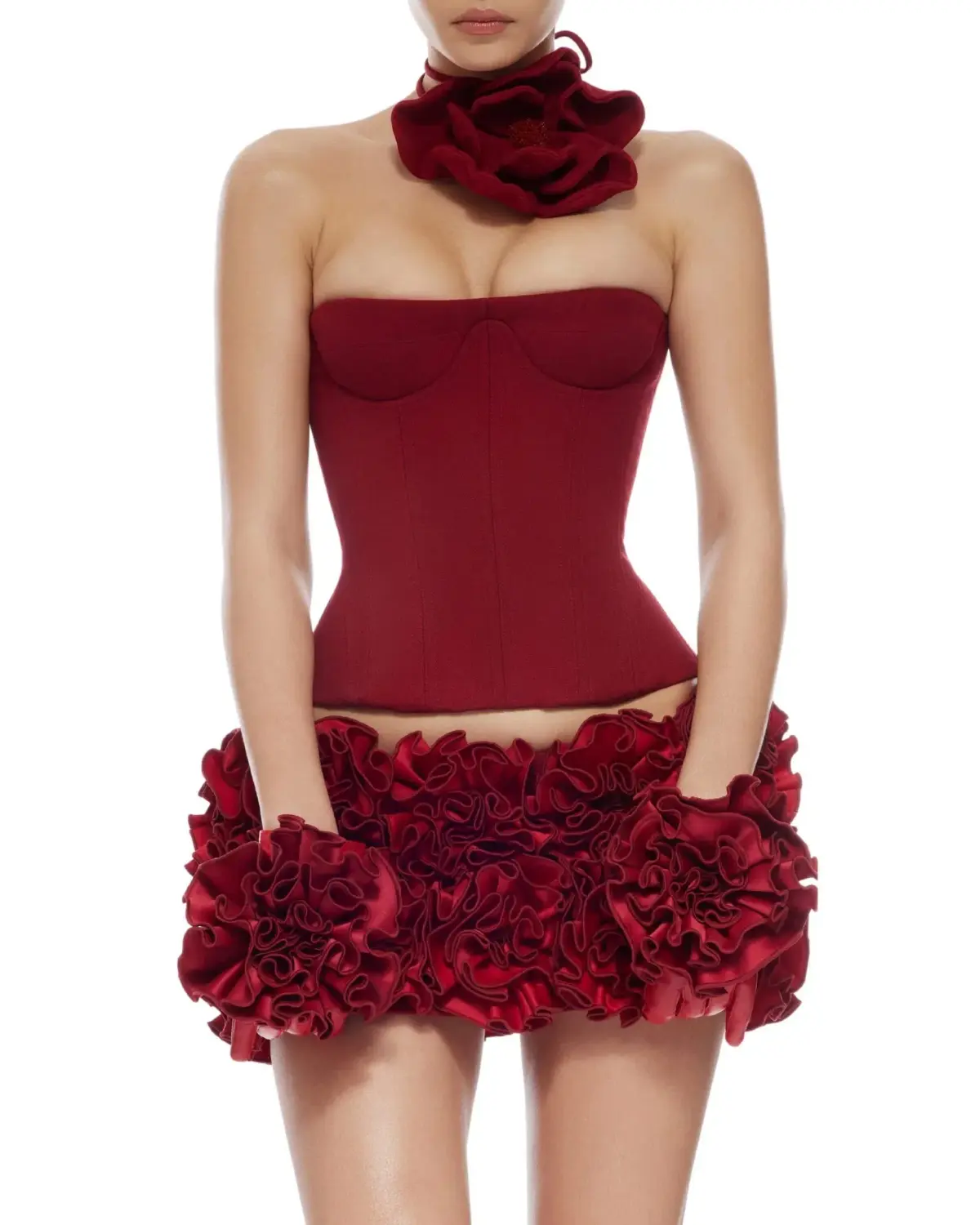 Fanci Club Paradise Cupped Corset and Hand Embroidered Rose Mini Skirt Set Red Size AU 10 - Image 2