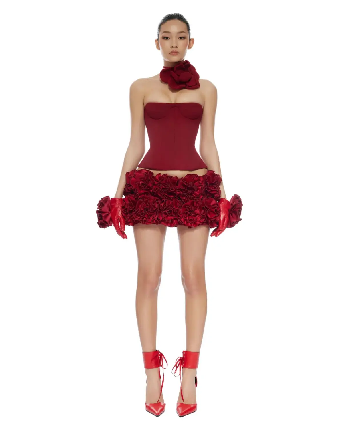 Fanci Club Paradise Cupped Corset and Hand Embroidered Rose Mini Skirt Set Red Size AU 10 - Image 1