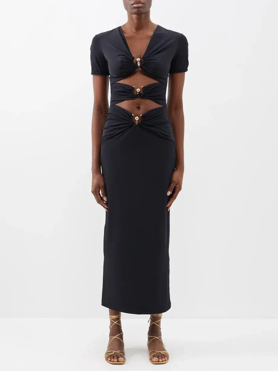 Christopher Esber Pierced Orbit Short Sleeve Midi Dress Black Size 14 for rent on The Volte - main image