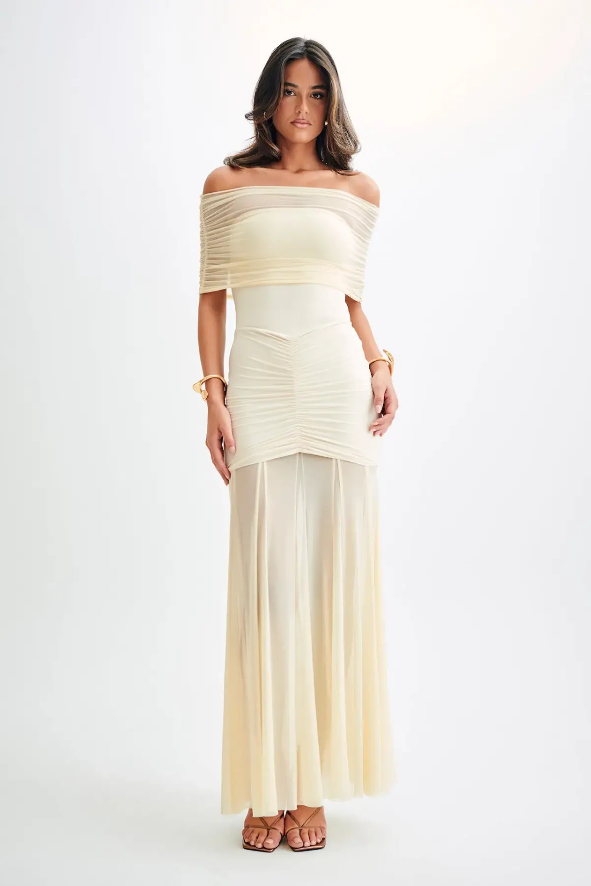 Meshki Caspian Slinky And Mesh Off Shoulder Maxi Dress Ivory Size S / AU 8 - Image 1