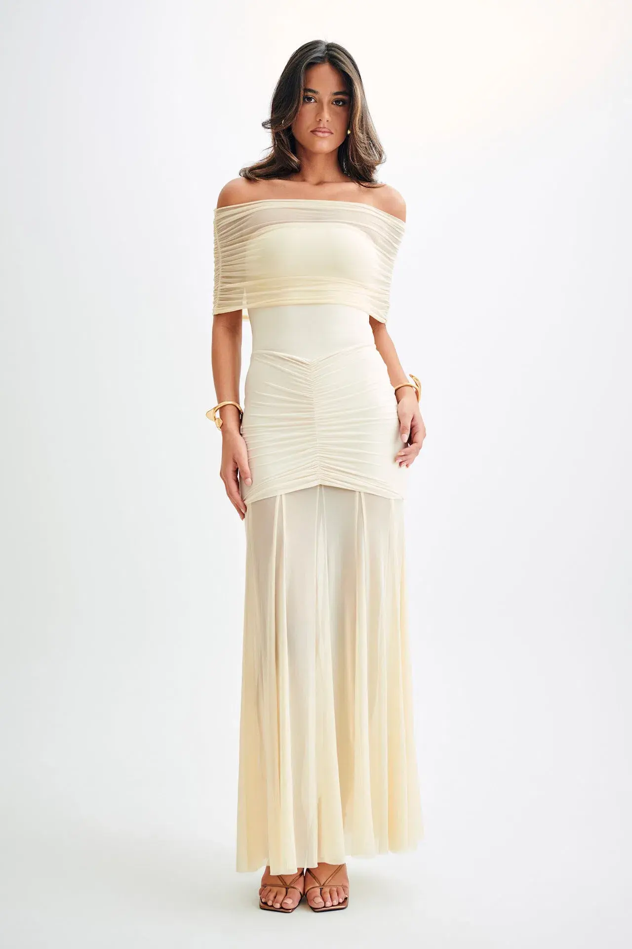 Meshki Caspian Slinky And Mesh Off Shoulder Maxi Dress Ivory Size S / AU 8 - Image 1