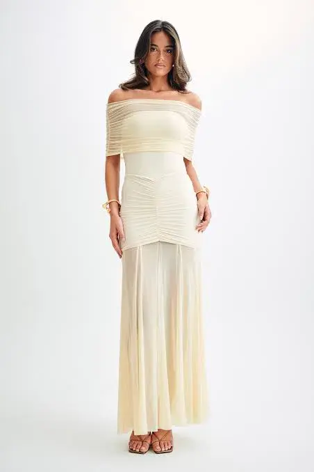 Meshki Caspian Slinky And Mesh Off Shoulder Maxi Dress Ivory Size M / AU 10 for rent on The Volte - main image