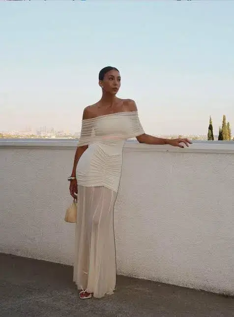 Meshki Caspian Slinky And Mesh Off Shoulder Maxi Dress Ivory Size L / AU 12 - Image 4