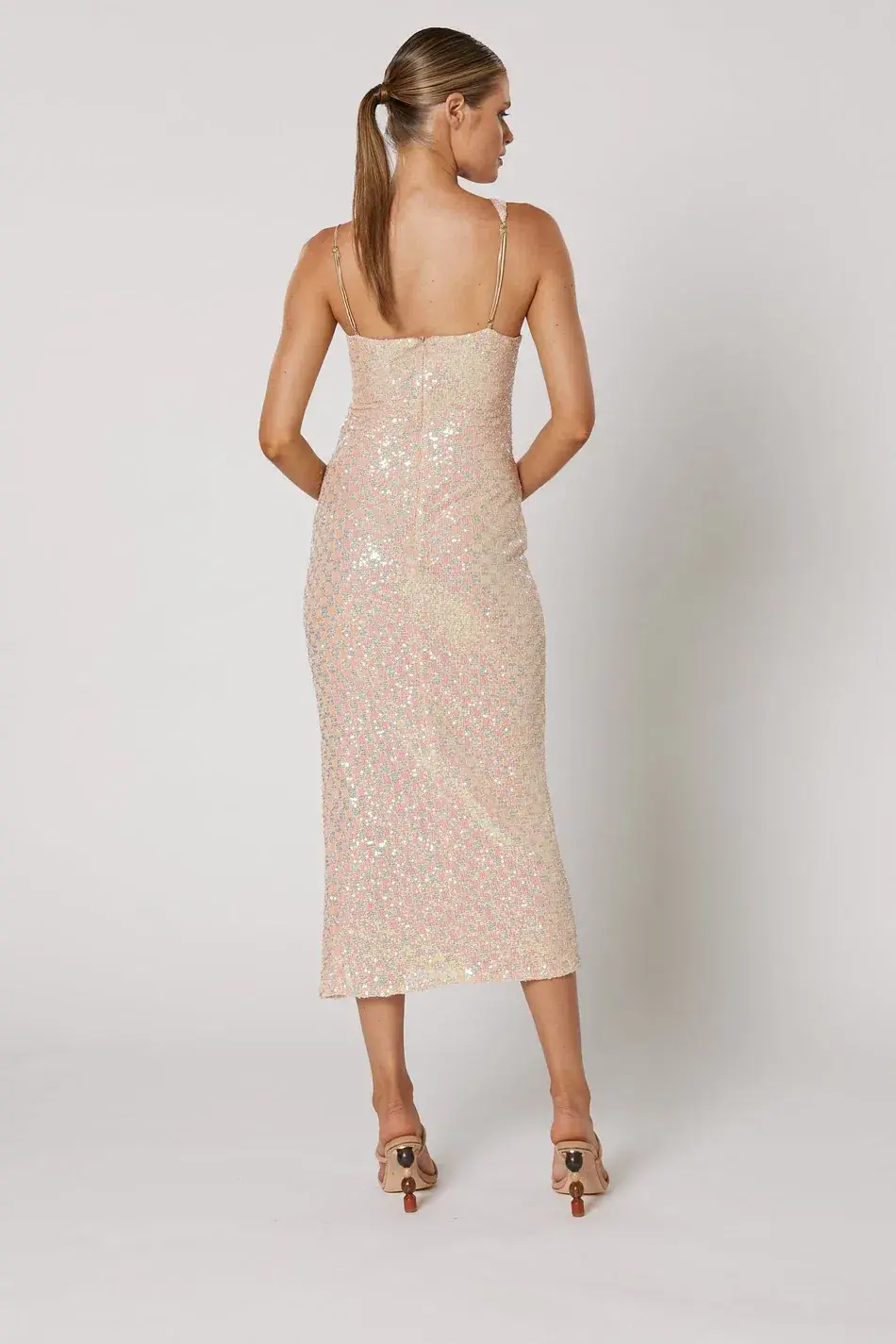 Winona Indeko One shoulder Sequin Midi Dress Pearlescent Peach Size 6  for rent on The Volte - main image