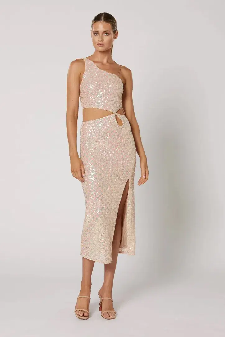 Winona Indeko One shoulder Sequin Midi Dress Pearlescent Peach Size 6  - Image 1