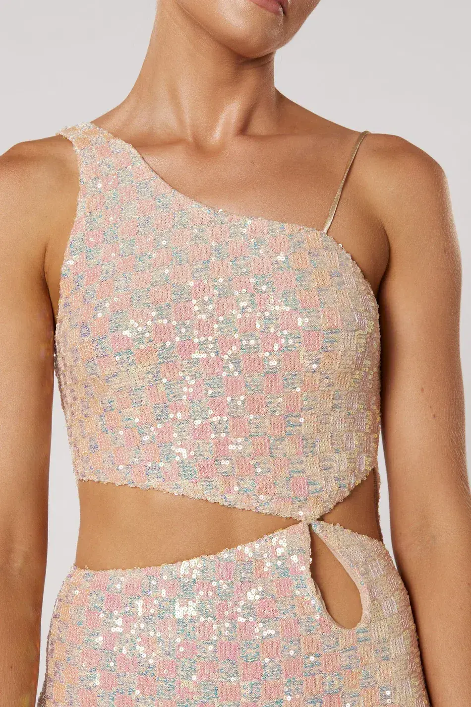 Winona Indeko One shoulder Sequin Midi Dress Pearlescent Peach Size 6  for rent on The Volte - main image