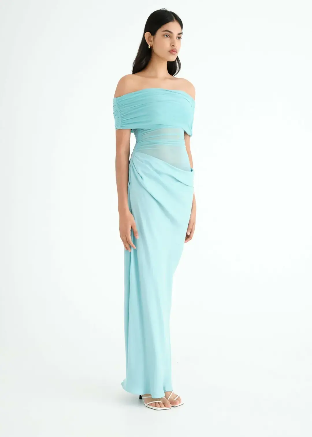 BENNI Nico Off Shoulder Maxi Dress Aquamarine Size 6  for rent on The Volte - main image