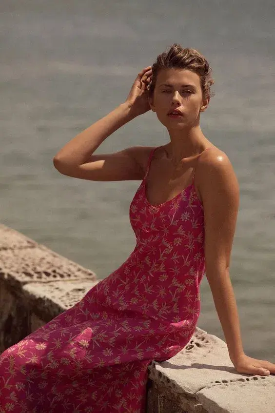 Scanlan Theodore Linen Palm Print Slip Dress Pink Size 6 - Image 2