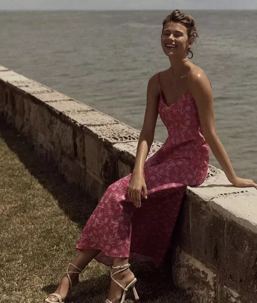 Scanlan Theodore Linen Palm Print Slip Dress Pink Size 6 - Image 1