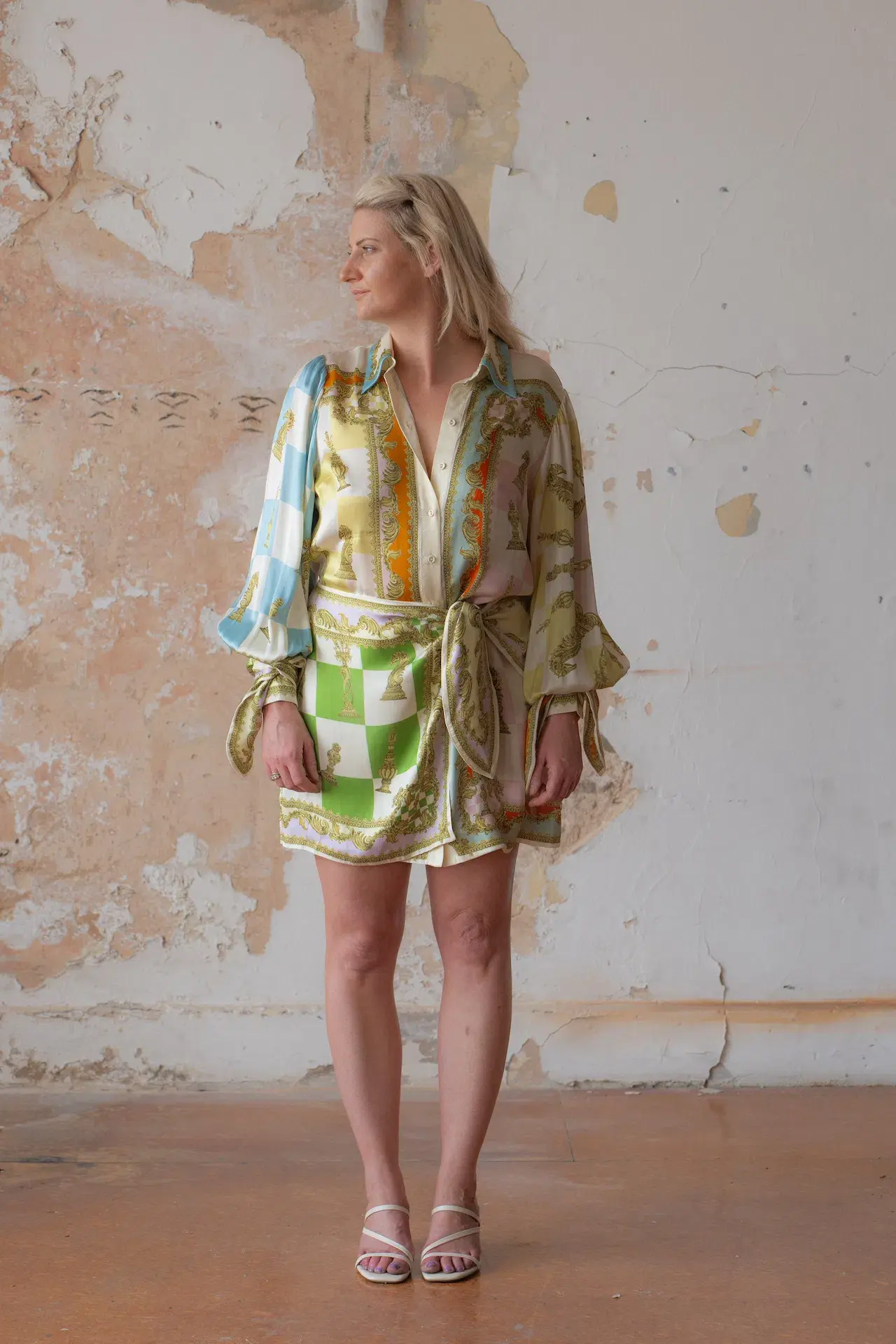 Alemais Checkmate Silk Long Balloon Sleeve Shirt Mini Dress Multi Size 12  - Image 1
