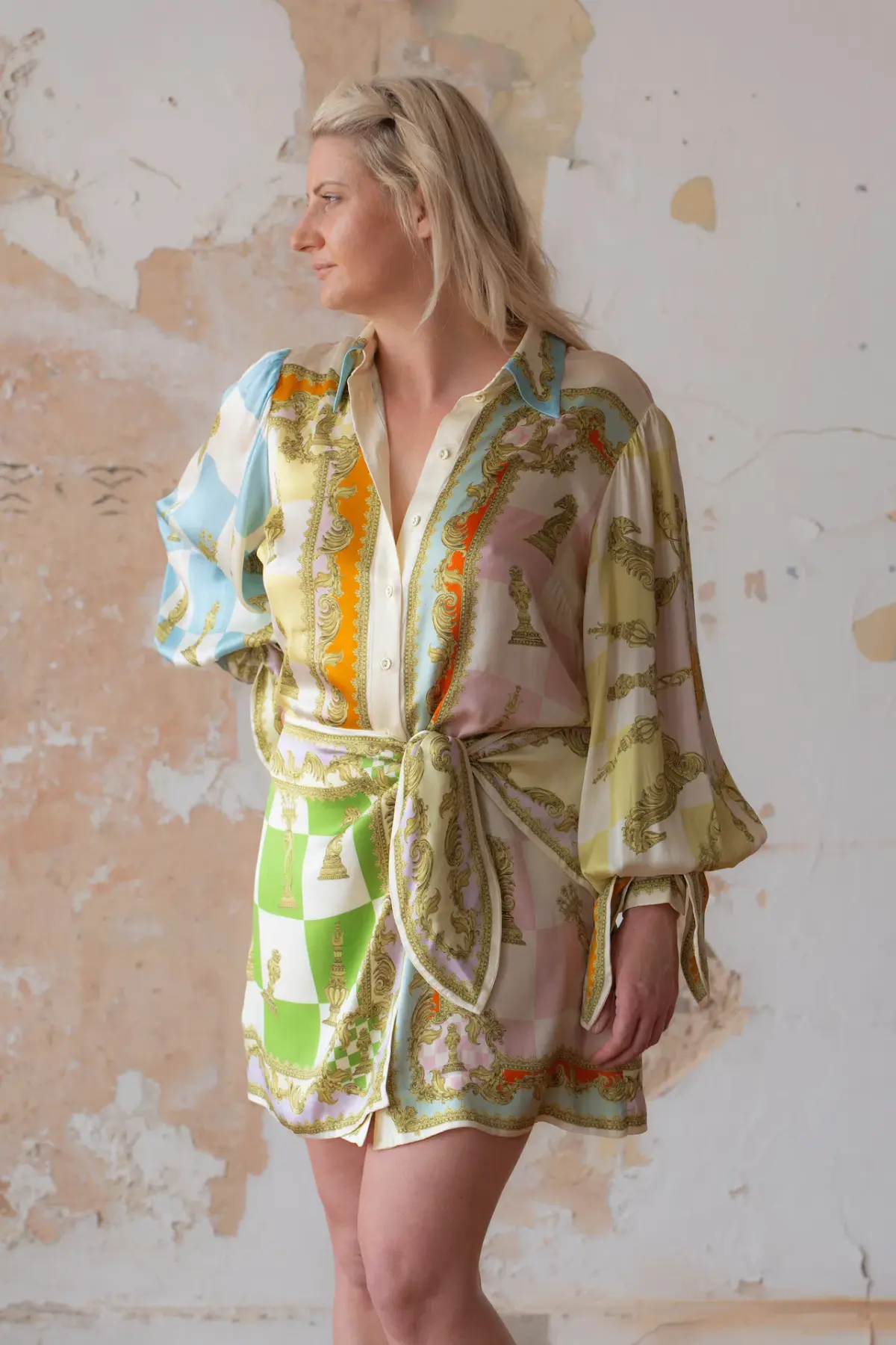Alemais Checkmate Silk Long Balloon Sleeve Shirt Mini Dress Multi Size 12  - Image 2