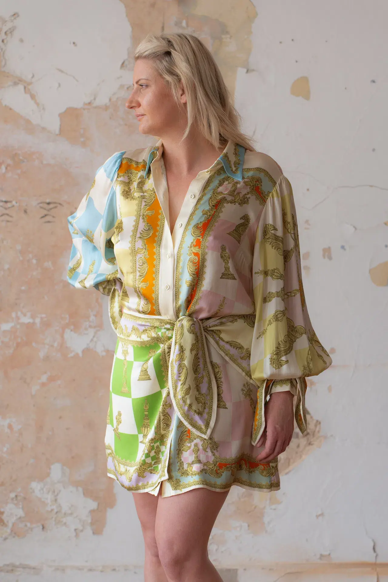 Alemais Checkmate Silk Long Balloon Sleeve Shirt Mini Dress Multi Size 12  - Image 2