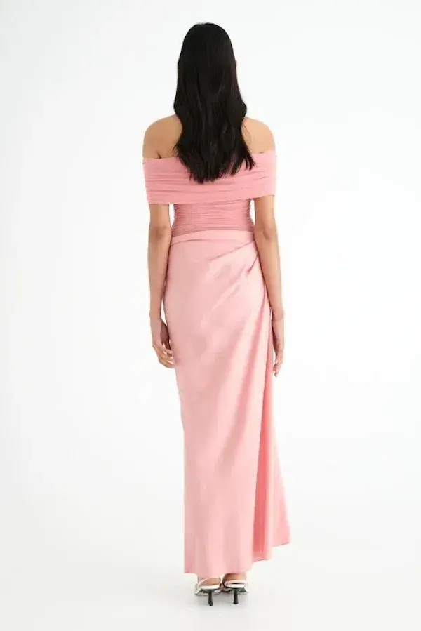 BENNI Nico Off Shoulder Maxi Dress in Candy Floss Pink Size AU 8 for rent on The Volte - main image
