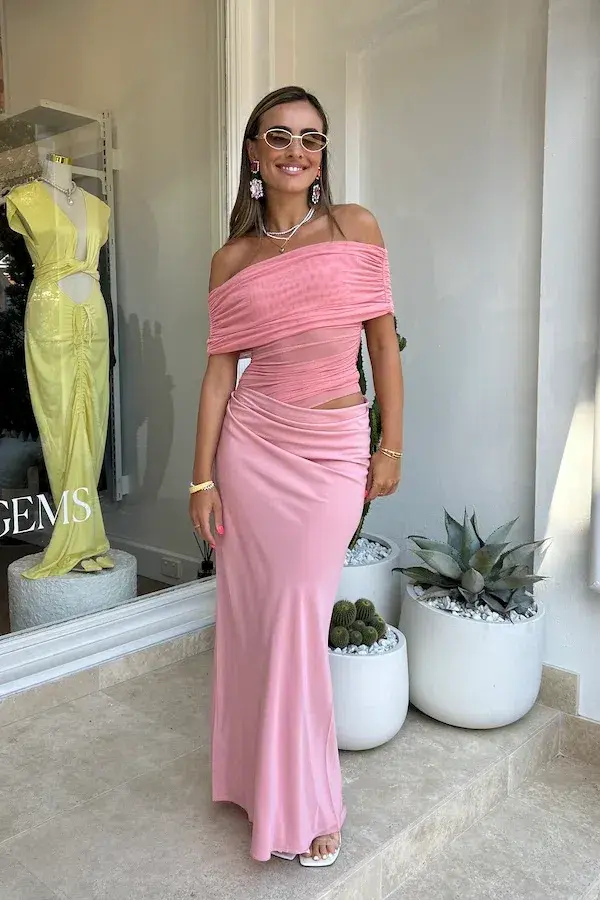 BENNI Nico Off Shoulder Maxi Dress in Candy Floss Pink Size AU 8 for rent on The Volte - main image