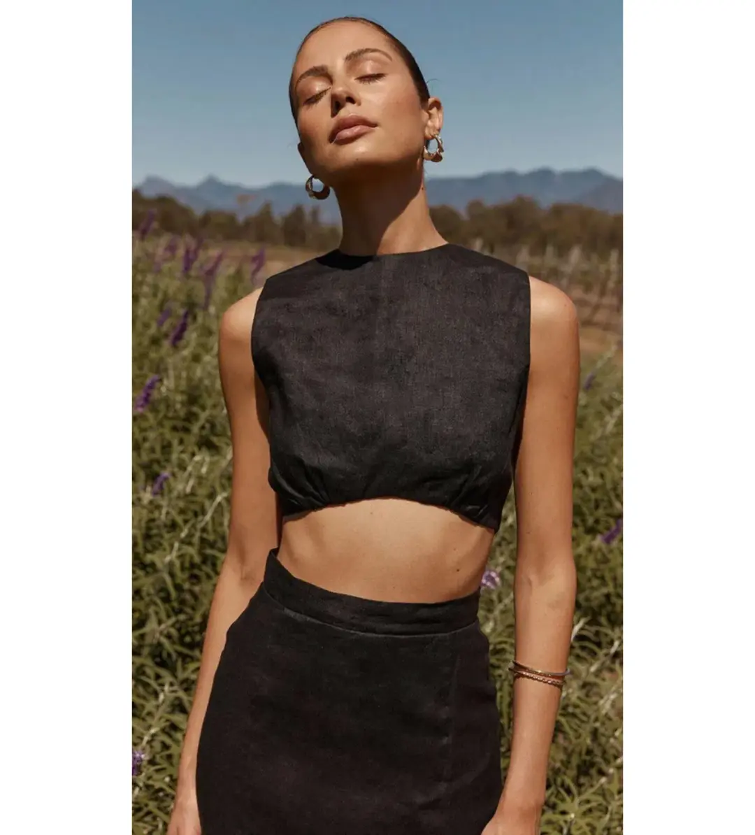 Dissh Spencer Linen Crop Top & Bates  Linen Wide Leg Pant Set Black Size 14  for rent on The Volte - main image