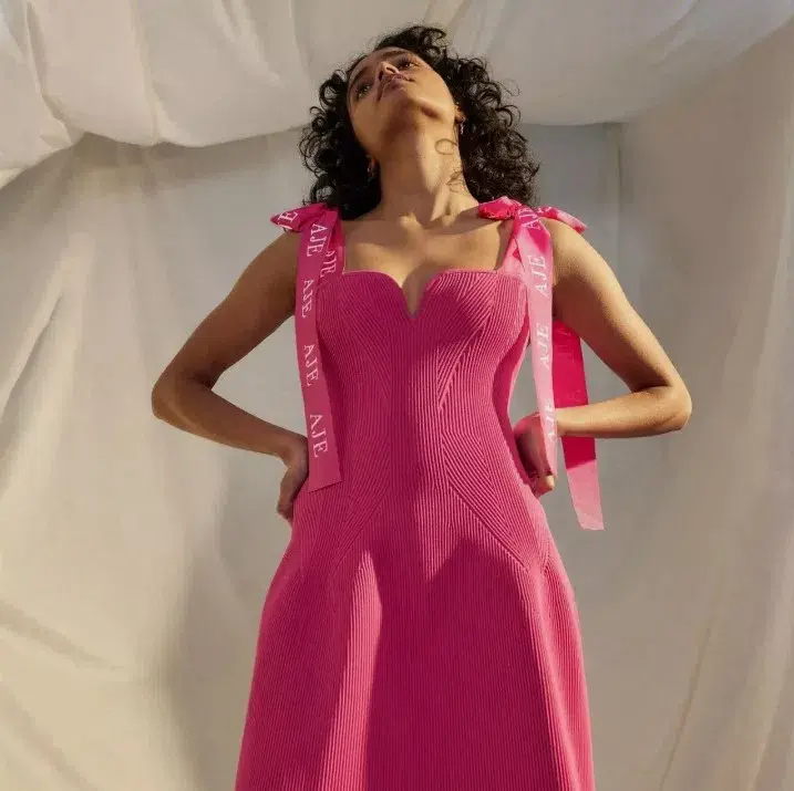 Aje Amber Knit Tie Shoulder Mini Dress in Fuchsia Size S/Au 8 - Image 4