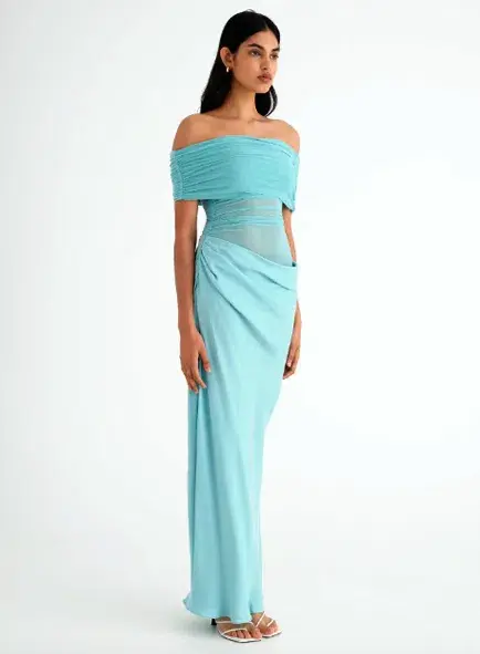 BENNI Nico Off Shoulder Blue Maxi Dress Aquamarine Size AU 8 - Image 2