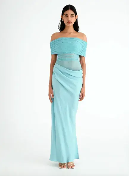 BENNI Nico Off Shoulder Blue Maxi Dress Aquamarine Size AU 8 - Image 1