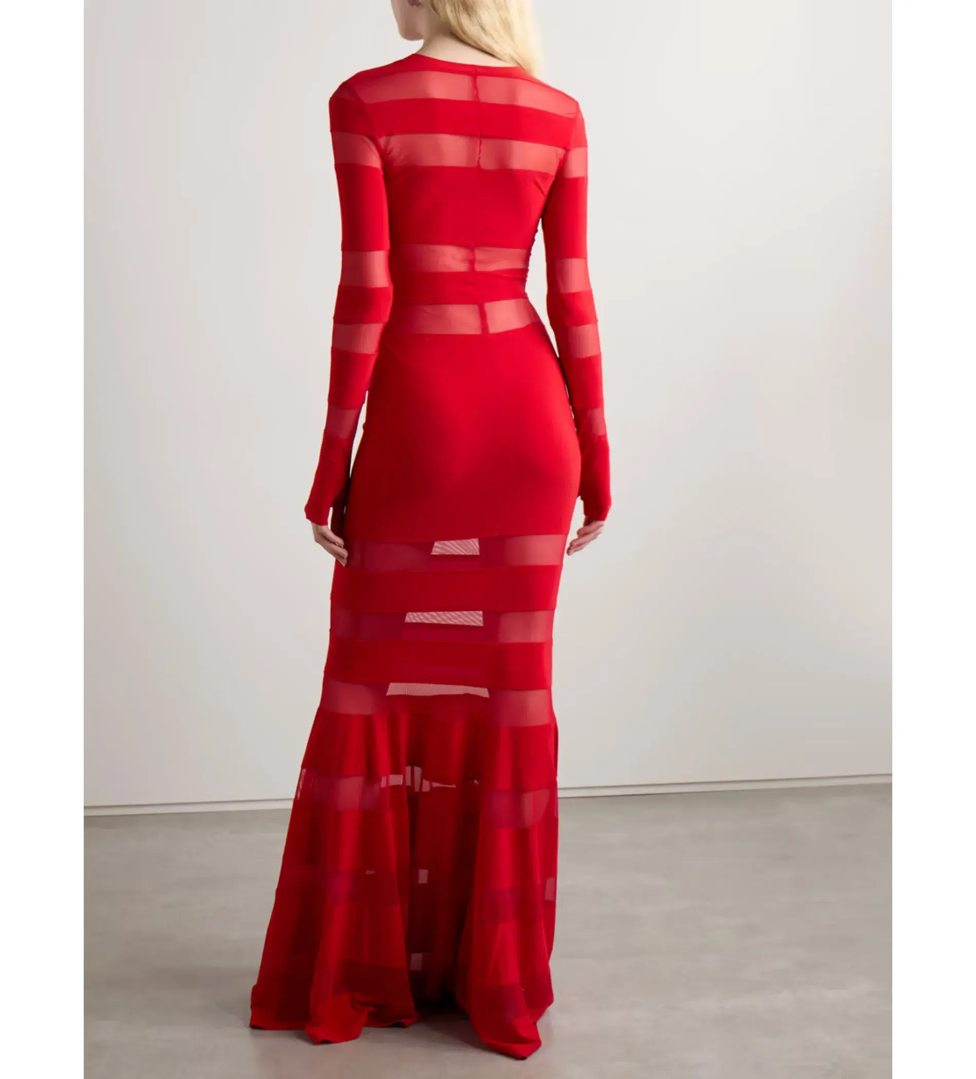 Norma Kamali Mesh-paneled Stretch-jersey Long Sleeve Gown Red Size XS / AU 6 - Image 2