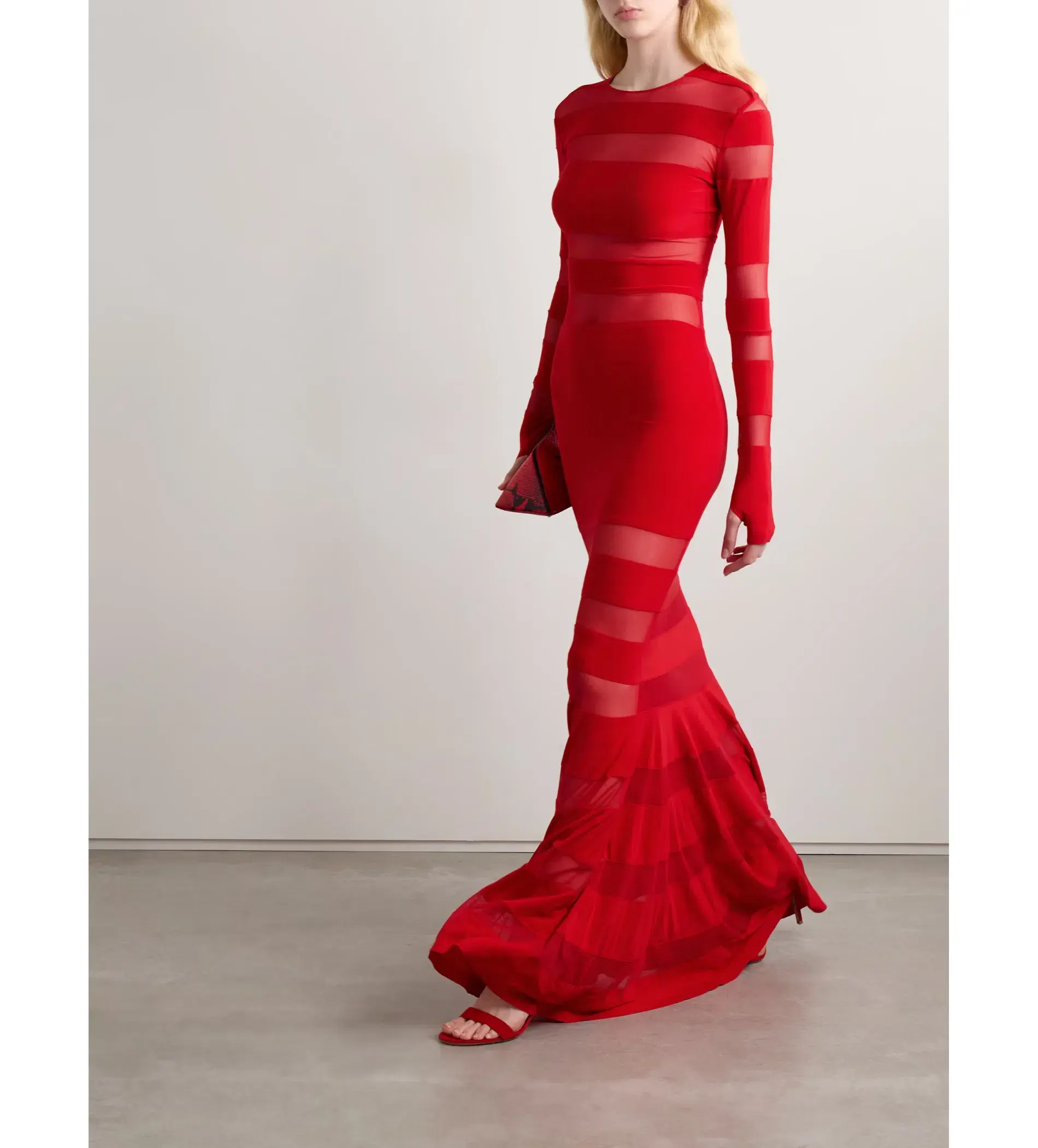 Norma Kamali Mesh-paneled Stretch-jersey Long Sleeve Gown Red Size XS / AU 6 - Image 1
