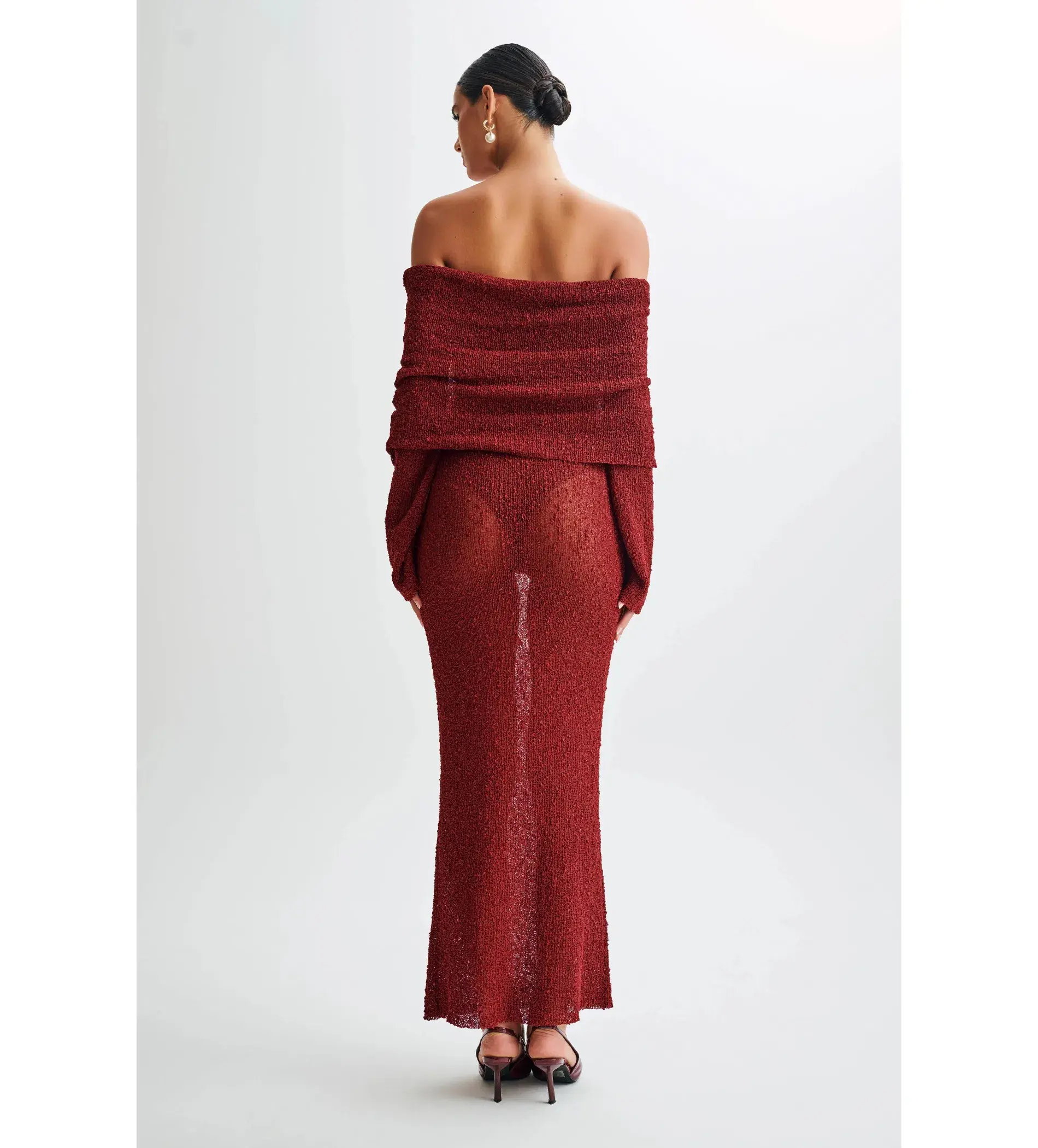 Meshki Marisol Off Shoulder Boucle Maxi Dress Red Size AU 6 - Image 4