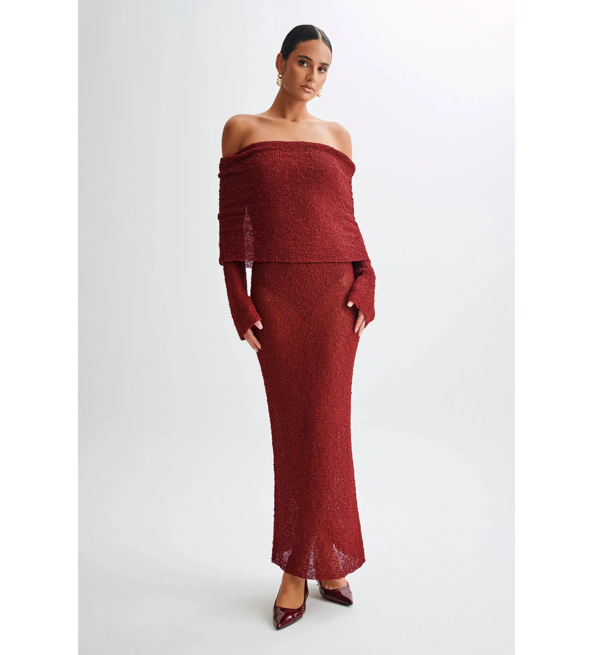 Meshki Marisol Off Shoulder Boucle Maxi Dress Red Size AU 6 - Image 1