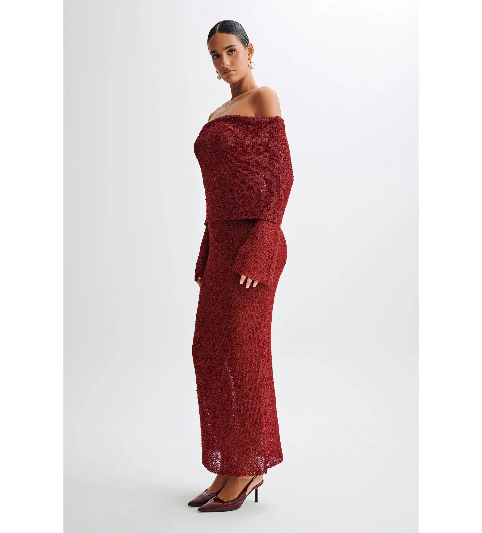 Meshki Marisol Off Shoulder Boucle Maxi Dress Red Size AU 6 - Image 3