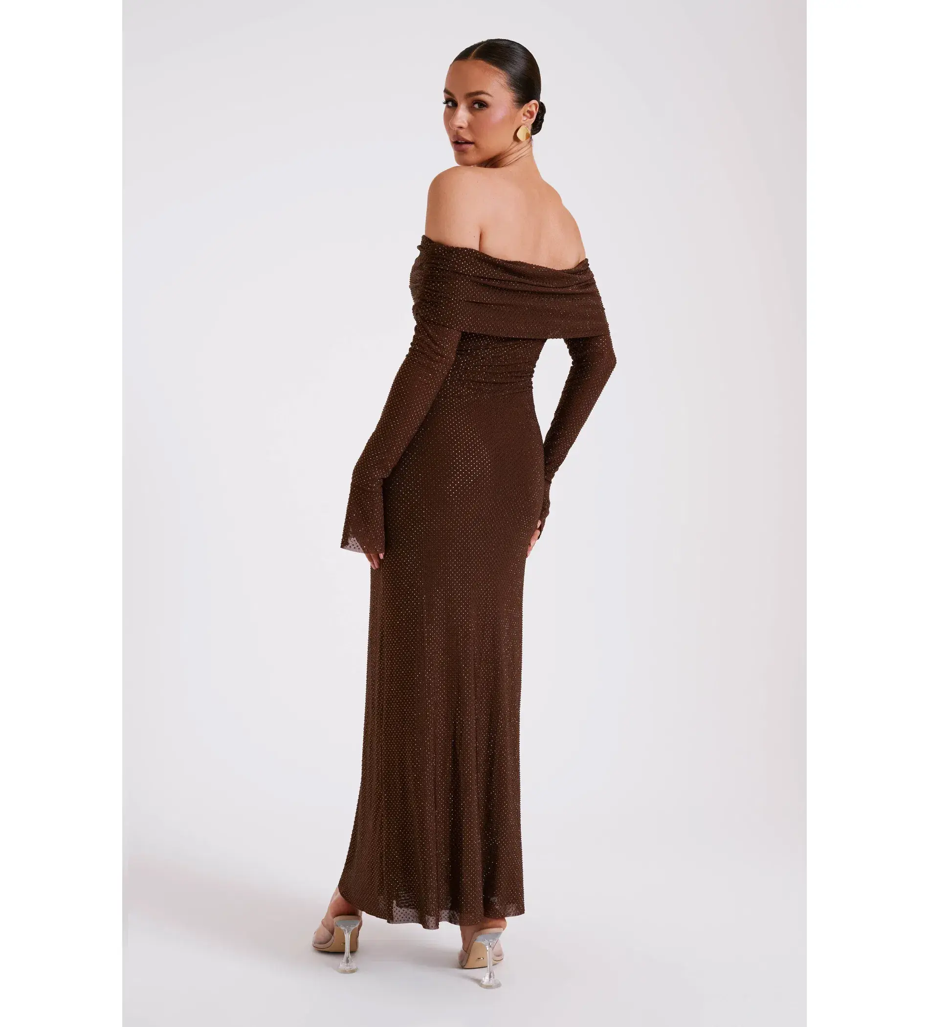 Meshki Marcel Off Shoulder Diamante Maxi Dress Brown Size AU 10 - Image 4