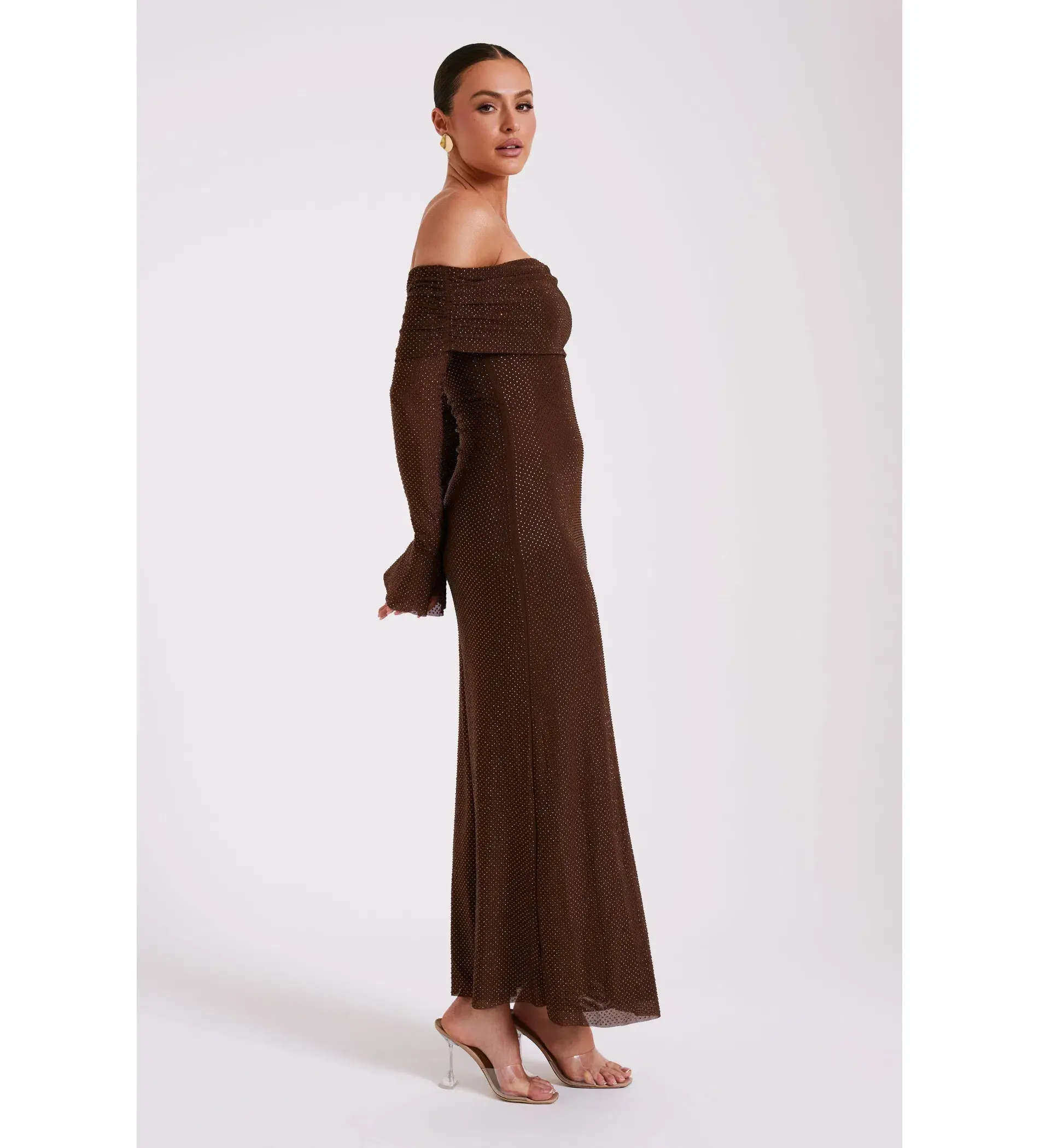 Meshki Marcel Off Shoulder Diamante Maxi Dress Brown Size AU 10 - Image 3