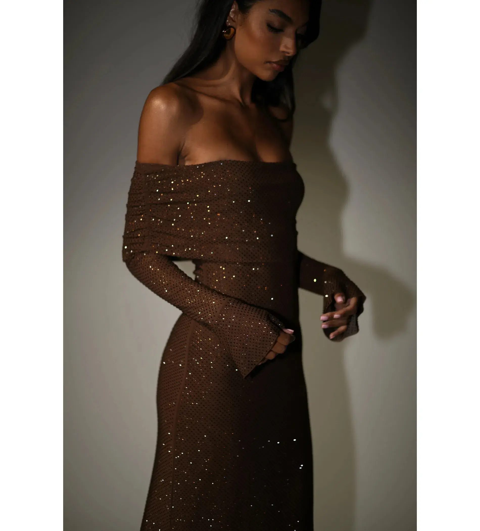 Meshki Marcel Off Shoulder Diamante Maxi Dress Brown Size AU 10 - Image 11