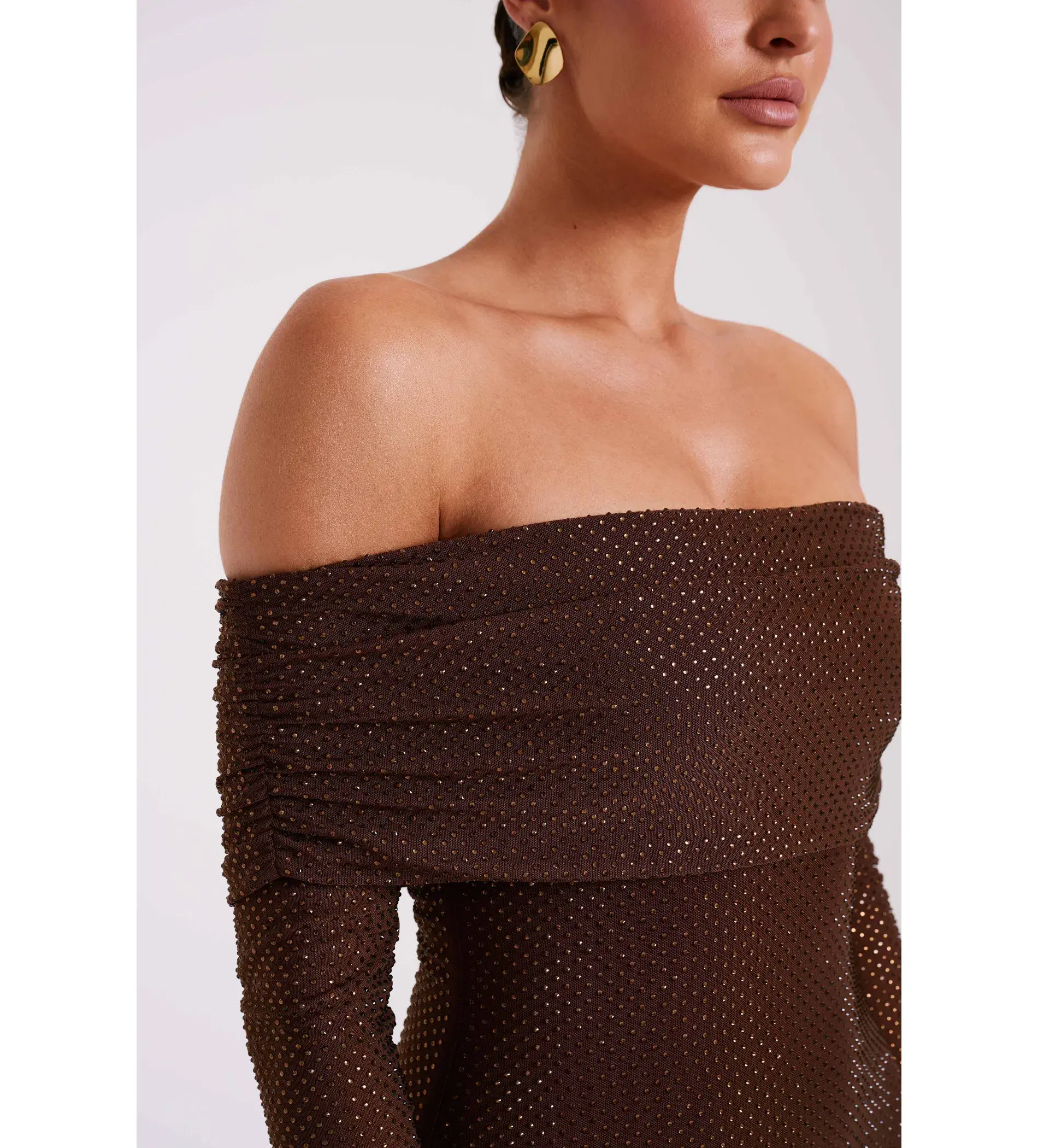 Meshki Marcel Off Shoulder Diamante Maxi Dress Brown Size AU 10 - Image 7