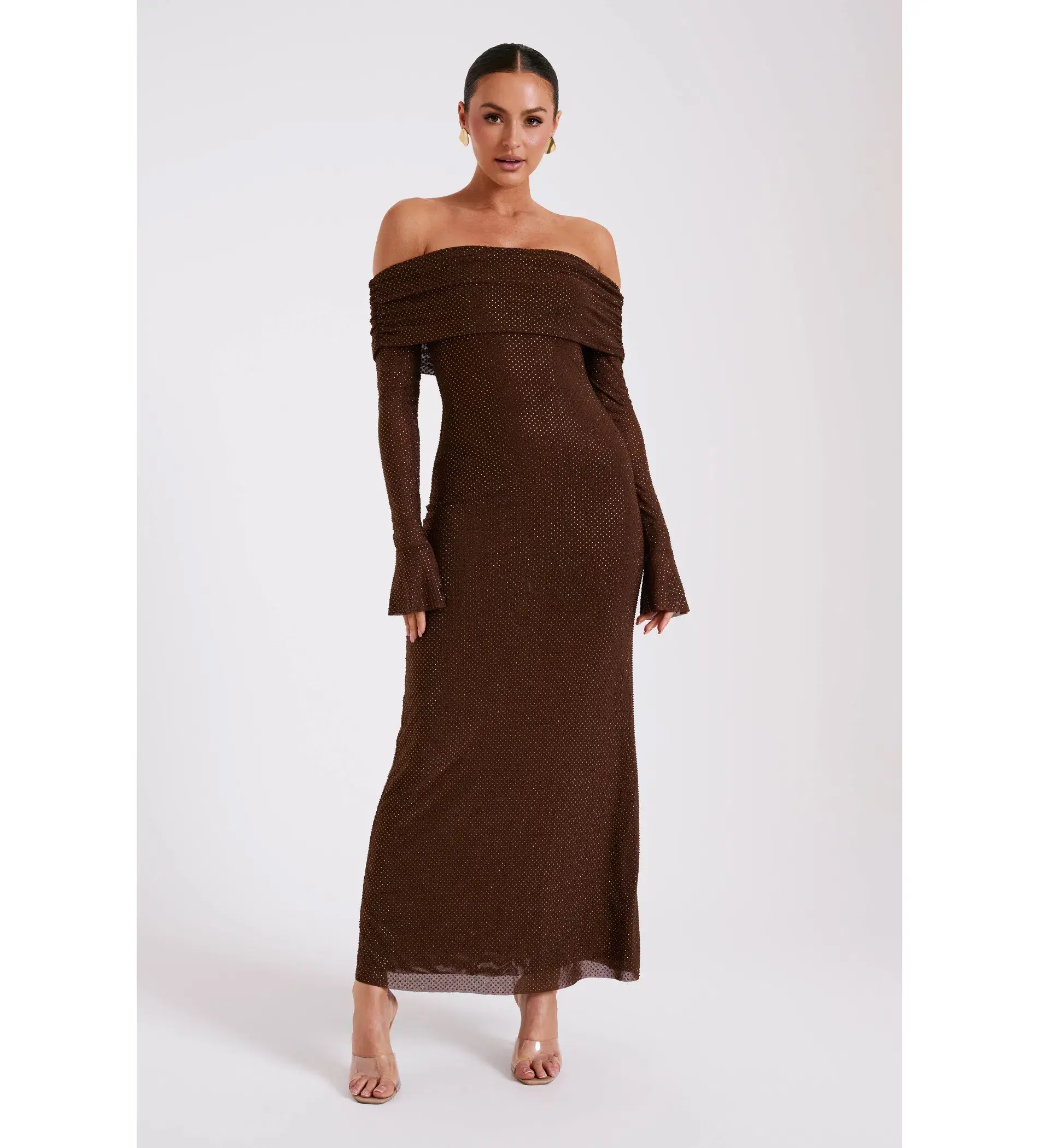 Meshki Marcel Off Shoulder Diamante Maxi Dress Brown Size AU 10 - Image 1