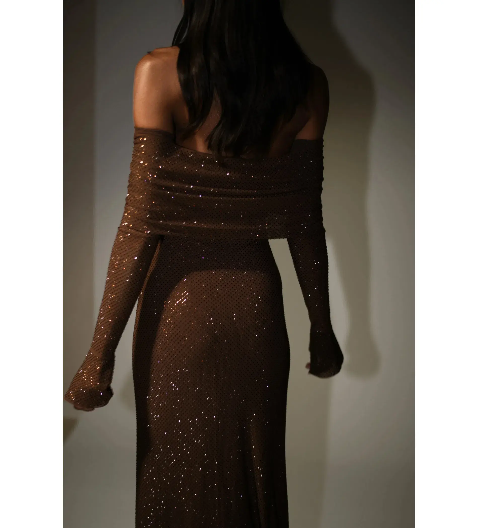Meshki Marcel Off Shoulder Diamante Maxi Dress Brown Size AU 10 - Image 12