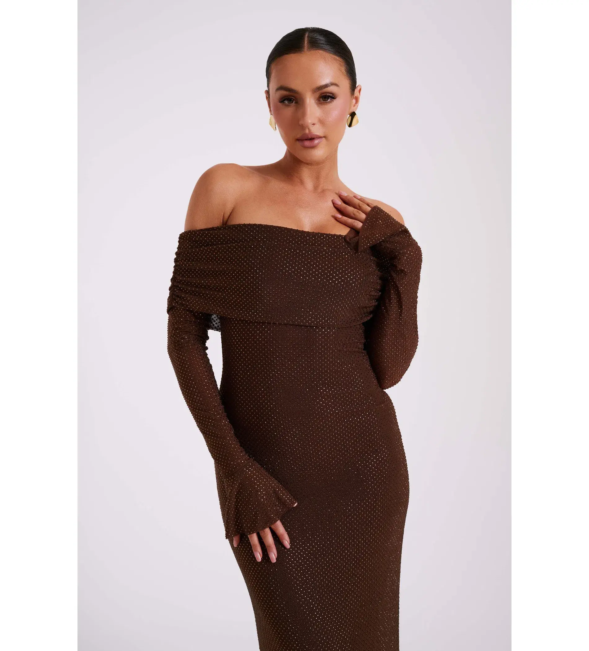 Meshki Marcel Off Shoulder Diamante Maxi Dress Brown Size AU 10 - Image 5