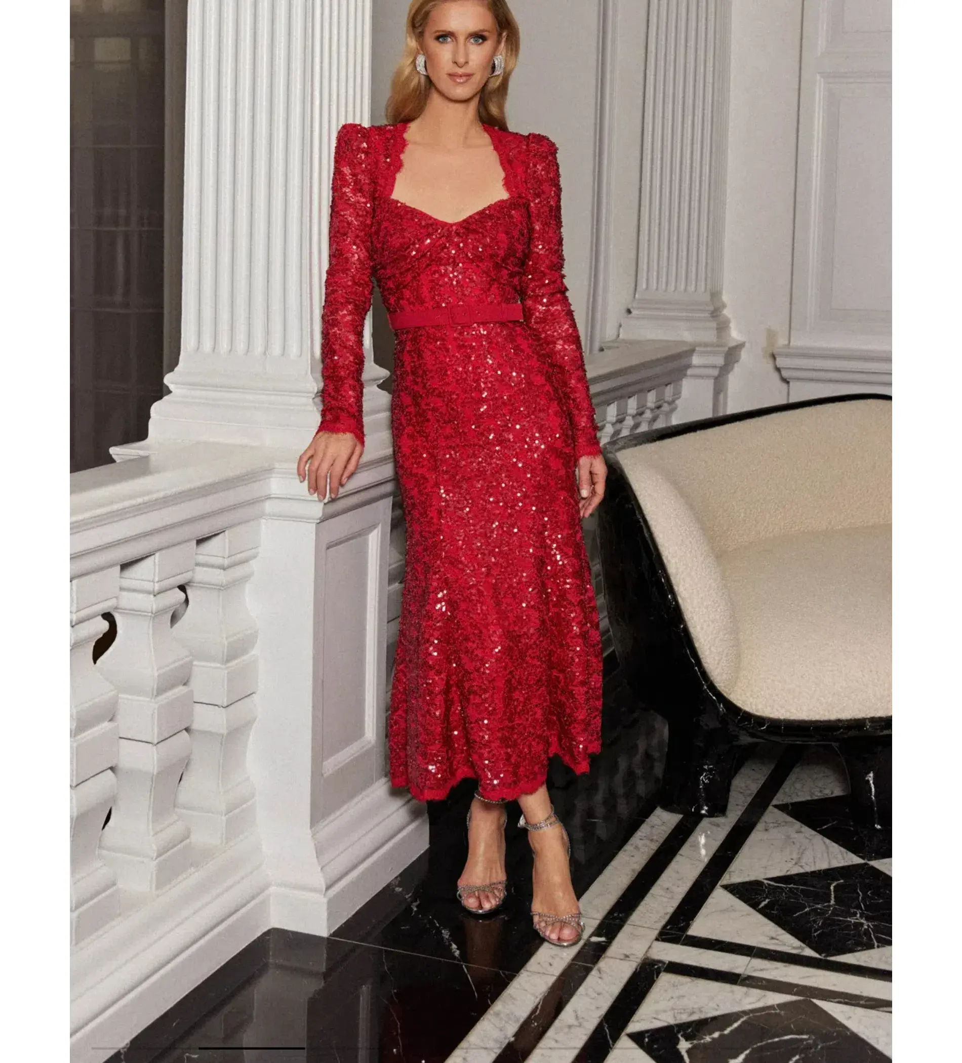 Rebecca Vallance Nicky Hilton Leyla Long Sleeve Midi Dress in Red Sequin Size XS / AU 6 - Image 2