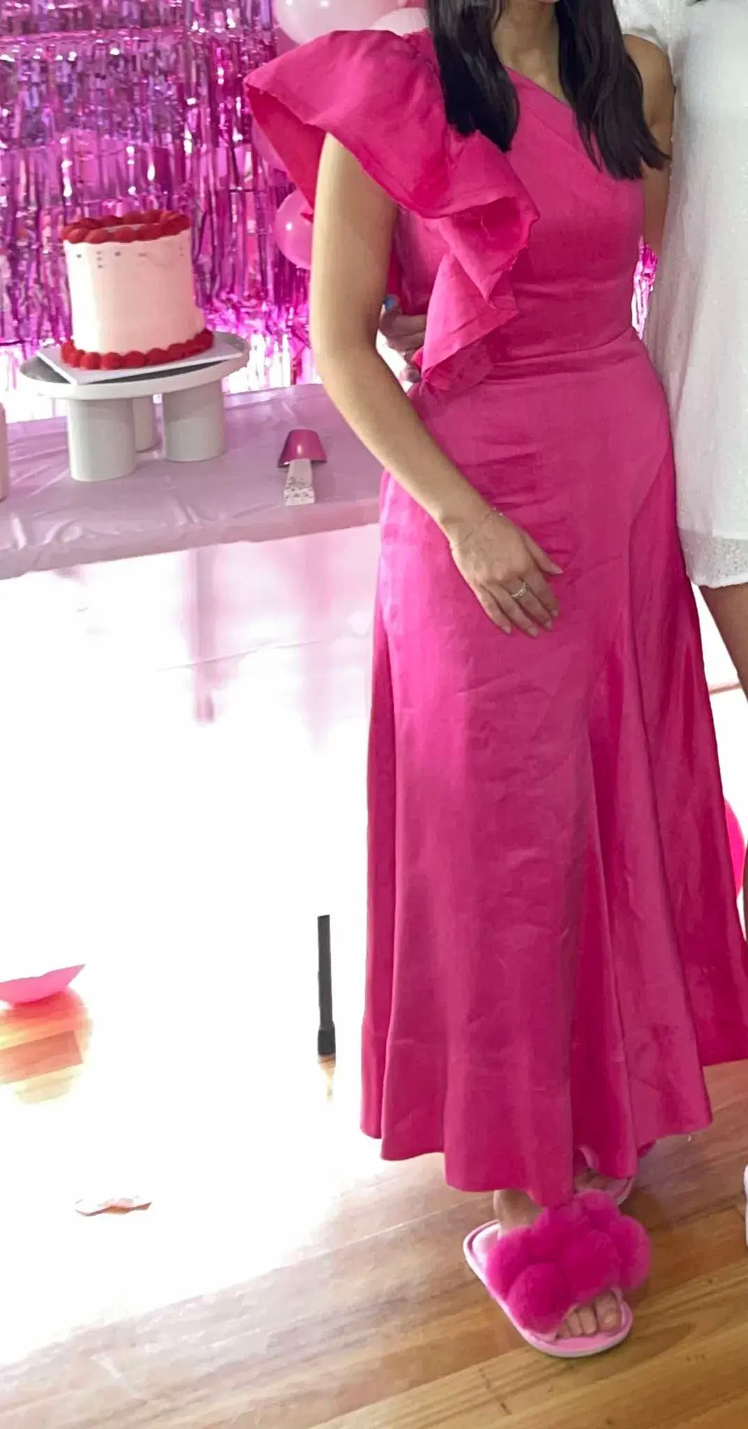 Aje Bonjour Asymmetric Midi Dress Fuchsia Size 6 for rent on The Volte - main image