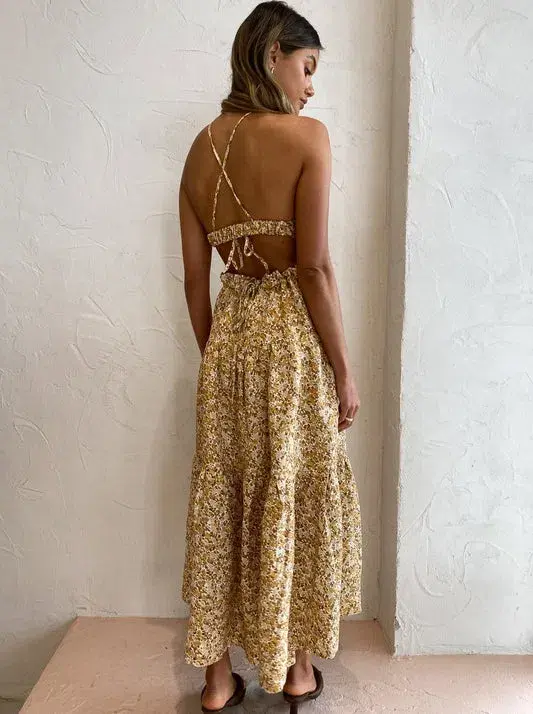 Shona Joy Orion Halter Backless Linen Blend Tiered Midi Dress Floral Size 12 - Image 2