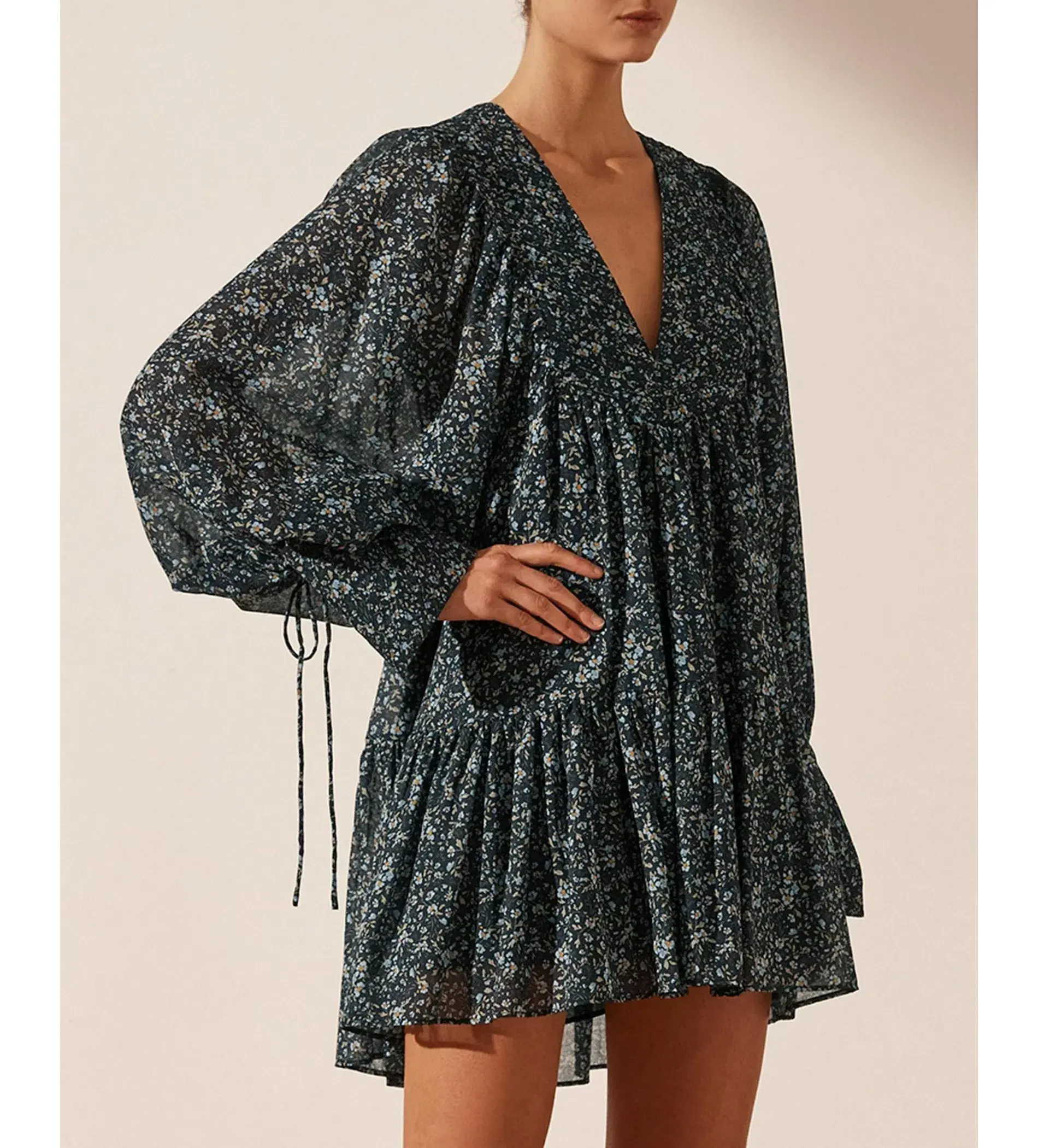 Shona Joy Denise Pintuck Ballon Sleeve Mini Dress Floral Size AU 14 - Image 3