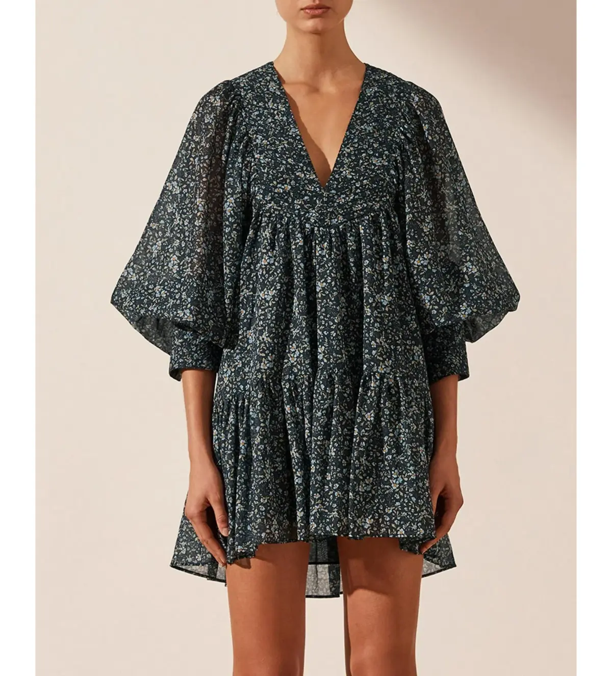 Shona Joy Denise Pintuck Ballon Sleeve Mini Dress Floral Size AU 14 - Image 2